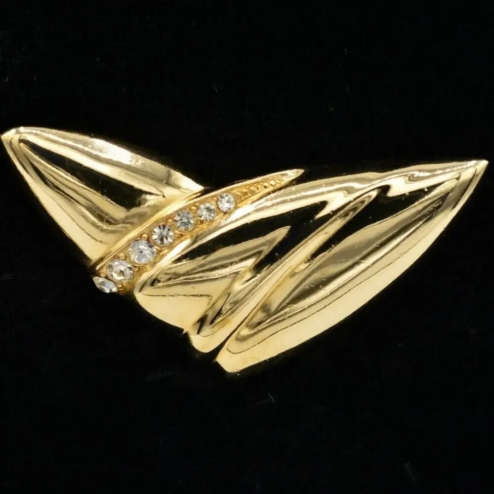 Vintage Statement Pin Brooch Gold Rhinestone Crystal Abstract Shape NOS 1980s 9B